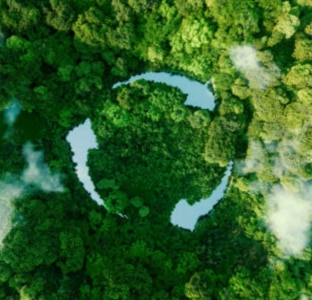 Pemandangan hutan dari atas dengan simbol Kitar Semula terbentuk dalam air