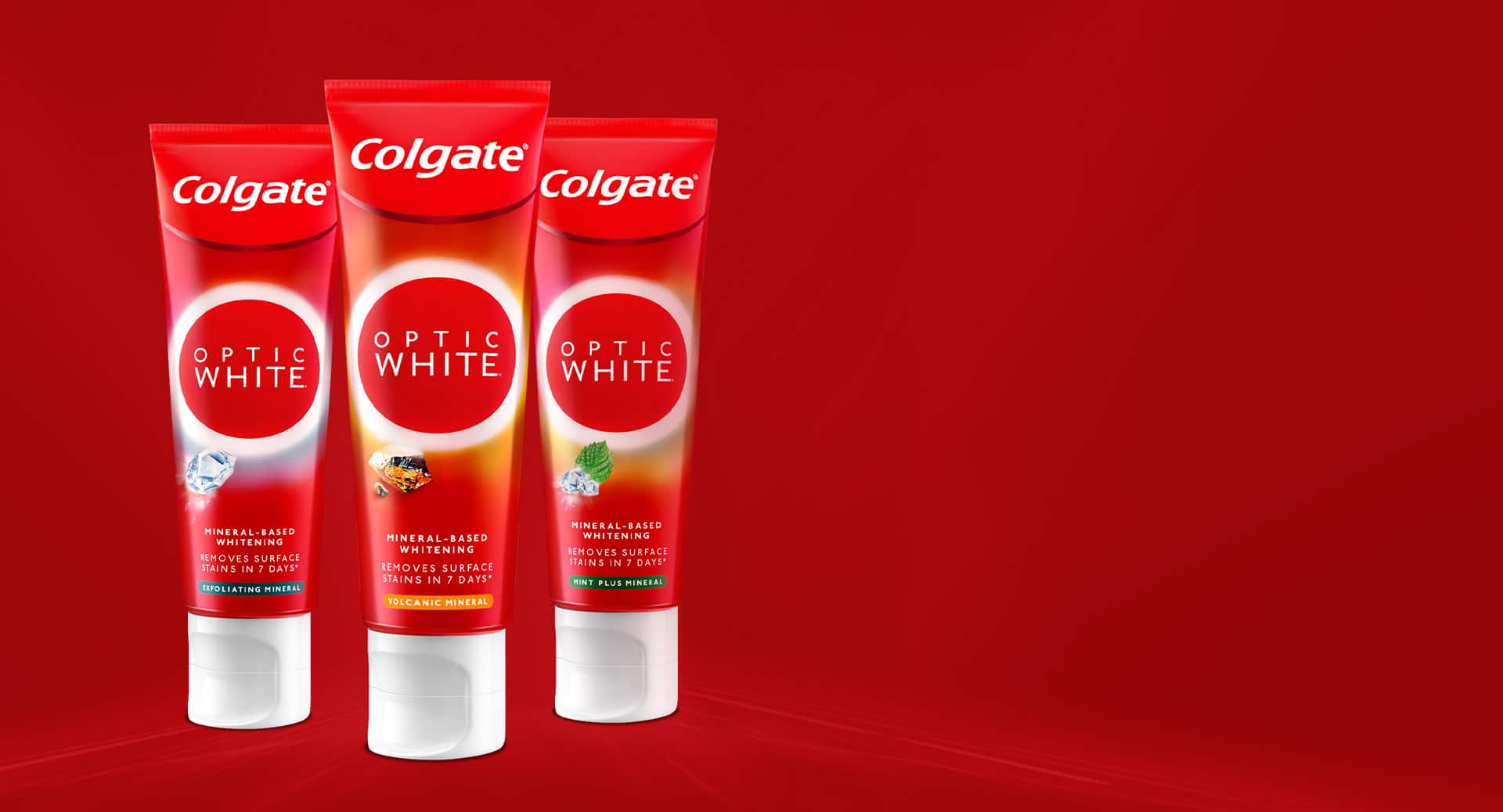 4 types of Colgate's Optic White Toothpaste; exfoliating mineral,volcanic mineral,mint plus mineral and enzyme plus mineral 4 types of Colgate's Optic White Toothpaste; exfoliating mineral,volcanic mineral,mint plus mineral and enzyme plus mineral